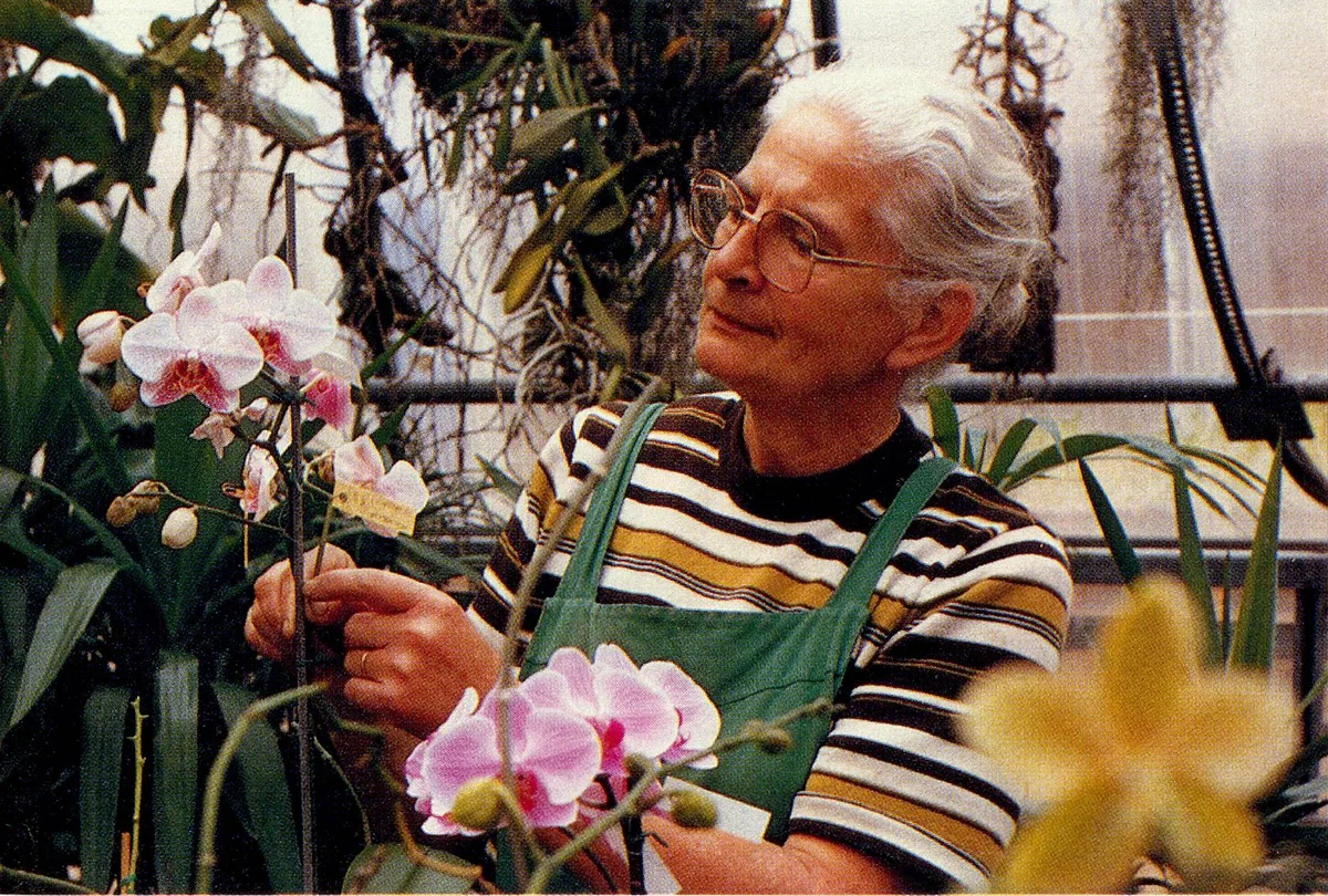 Man sieht eine Frau mit Orchideen.